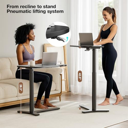 Muvai Overbed Bedside Table with Hidden Casters,30 Inches Adjustable Height Pneumatic Mobile Laptop Standing Desk, Rolling Computer Table for Home & Hospital Use ，Black 30" W x 17.7" D - color: Black