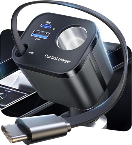 4 in 1 Retractable Car Charger, [60% Smaller] 145W USB C Cigarette Lighter Adapter, Socket Splitter with Retractable Cable&USB-C/A Port, 12V/24V Fast Charging Car Phone Charger for iPhone 17 Pro Max