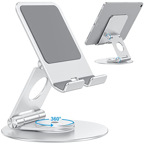 OMOTON Swivel Tablet Stand for iPad with 360 Rotating Base, Foldable Adjustable Holder for Drawing, Compatible with iPad Pro/Air/Mini and More, Silver | Aluminum Foldable Mount with Rotating Base, Desk Kitchen Drawing Travel, Fits iPad Pro/Air Samsung, Ki