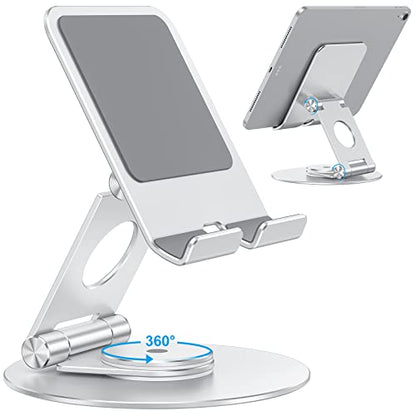 OMOTON Swivel Tablet Stand for iPad with 360 Rotating Base, Foldable Adjustable Holder for Drawing, Compatible with iPad Pro/Air/Mini and More, Silver | Aluminum Foldable Mount with Rotating Base, Desk Kitchen Drawing Travel, Fits iPad Pro/Air Samsung, Ki