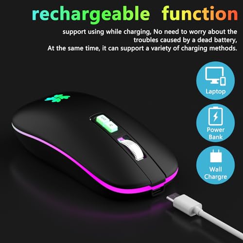 besky Wireless Rechargeable Mouse, Portable Silent Computer Mouse, Black | Backlit LED 2.4G USB Cordless Mouse with USB-C Adapter for Laptop, PC, MacBook, Chromebook, iPad & Tablet