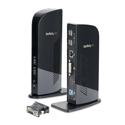StarTech USB-A Dual Monitor Dock, HDMI & DVI/VGA, 6x USB-A, GbE, Audio, TAA | For USB-A laptops, with four USB 2.0 plus two 5Gbps ports, a DVI-to-VGA adapter, slim upright design and mic/headphone jacks - size: Dual Monitor, style: HDMI | DVI/ VGA | 6 x U