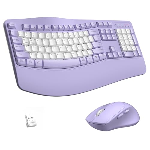 Wireless Keyboard and Mouse Combo,2.4G Full Size Wave Keys Ergonomic Keyboard with Wrist Rest for Natural Typing, 3 DPI Adjustable Ergonomic Mouse for Computer/Laptop/Windows/Mac (Purple & White-B) - color: Purple & White-B