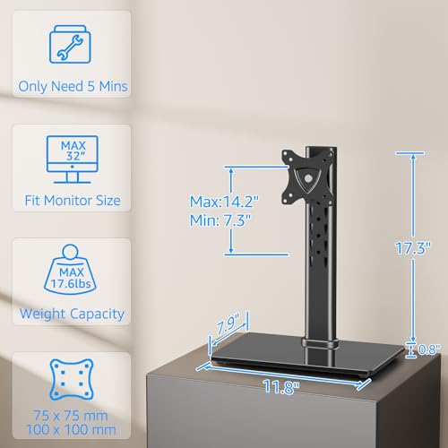 MOUNTUP Monitor Stand for Desk, Freestanding Monitor Mount Fits 13-32 inch Screen up to 17.6 lbs, Screen Stand with Swivel, Height, Rotation Adjustment, VESA Mount 100 x 100mm, 75 x 75mm - size: Single