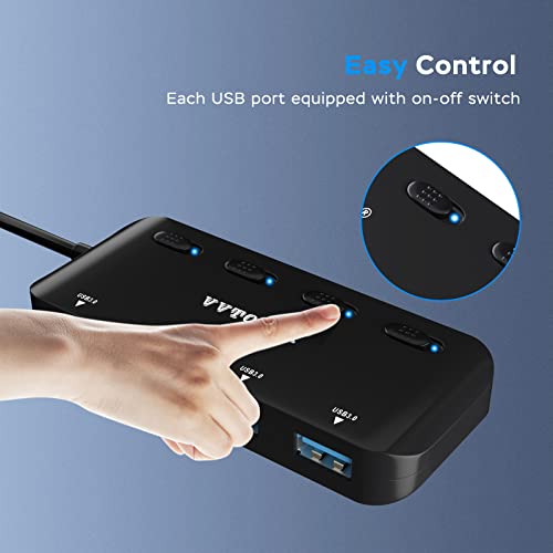4-Port USB 3.0 Hub, VVTOYER Portable USB Hub Splitter for Laptop, with Individual Power Switch and USB-C Adapter - color: 1103CT black
