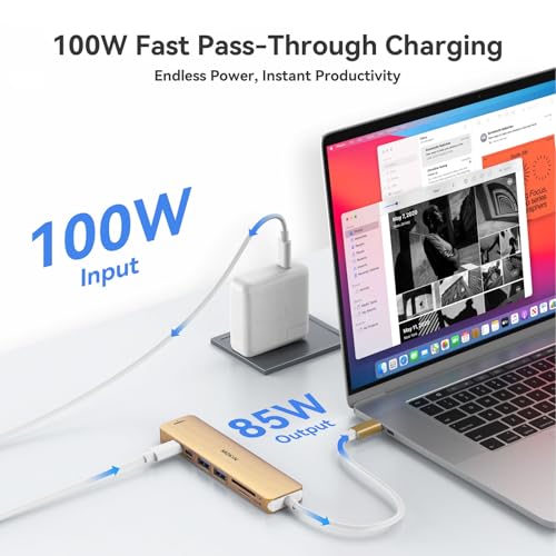 USB C Hub HDMI Adapter for MacBook Pro/Air, MOKiN 7 in 1 USB C Dongle with HDMI, SD/TF Card Reader, USB C Data Port,100W PD, and 2 USB 3.0 Compatible for MacBook Pro/Air, Dell XPS, Lenovo Thinkpad. - color: gold