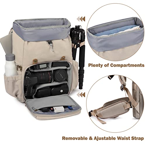 BAGSMART Camera Backpack, DSLR Camera Bag, Waterproof Camera Bag Backpack for Photographers, Fit up to 15" Laptop with Rain Cover and Tripod Holder, Ivory White - color: F-ivory White[double Buckle]