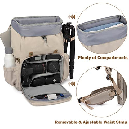 BAGSMART Camera Backpack, DSLR Camera Bag, Waterproof Camera Bag Backpack for Photographers, Fit up to 15" Laptop with Rain Cover and Tripod Holder, Ivory White - color: F-ivory White[double Buckle]
