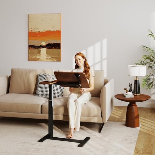Haotian Overbed Table with Wheels, Adjustable Height Bedside Table with Tilting Desktop, Rolling Laptop Table with Side Shelf, Walnut and Black Mobile Desk for Bed, Sofa, Home Office - color: Walnut Brown and Black