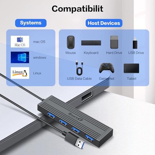 4-Port USB 3.0 Ultra-Thin Data Hub, High-Speed USB Port Expander for Laptop, MacBook, iMac, Surface Pro, XPS, Flash Drives, Mobile HDD, Printers, and More (Slim USB Hub - 4 ft)