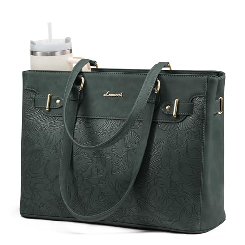LOVEVOOK Laptop Tote Bag for Women Work, Teacher Tote Bag with Large Cup Holder, Waterproof Leather Computer Bag - color: Green-print, size: 17.3 inch