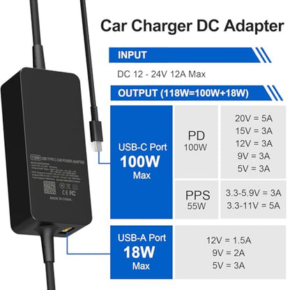 100W Car Charger - Laptop Car Charger USB C for Dell Latitude/Dell Precision/Dell XPS, MacBook Pro/Air, HP Spectre/Elitebook, Lenovo Thinkpad/Yoga/IdeaPad, Samsung Acer Asus Steam Deck | for Dell Latitude Precision XPS, MacBook Pro/Air, HP Spectre/Elitebo