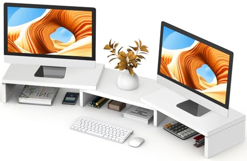TAVR Dual Monitor Stand Riser, Wooden Computer Monitor Stand for 2 Monitors | Extra Long Multifunctional Desktop Organizer Riser for TV, PC Monitor, Laptop, Printer, Max 43.3" Length, White - color: White