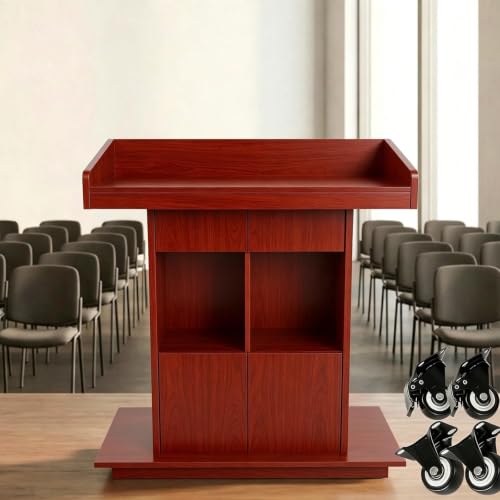 Podium Stand, Podium with Wheels, Floor Standing Speaking Poidum Lectern Stand, Church Pulpit with Storage, Office Wooden Reception Desk, Host Stand for School Conference | Walnut - color: Walnut