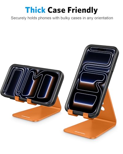 OMOTON Adjustable Cell Phone Stand, Aluminum Desktop Cellphone Stand with Anti-Slip Base and Convenient Charging Port, Fits All Smart Phones, Orange | Sturdy 3mm Aluminum, Charging Port, 270° Adjustable, Non-Slip Silicone Pads, Works with Thick Cases, for