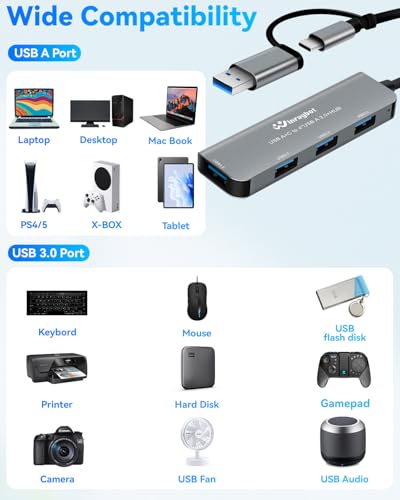 USB hub Splitter for Laptop,USB hub 1to4,USB 3.0 Splitter USB c hub,3.0 HUB Port Expander (USB 3.0 HUB-Silver)