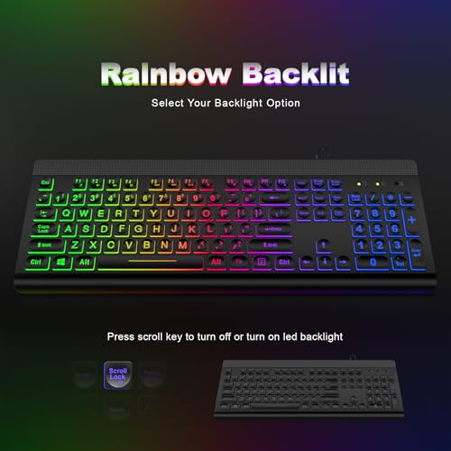 Atelus Large Print Backlit Keyboard, USB Wired Computer Keyboard, Full Size Keyboard with Rainbow Illuminated LED Compatible for Windows Desktop, Laptop, PC, Gaming, Black - color: Black-Rainbow Light