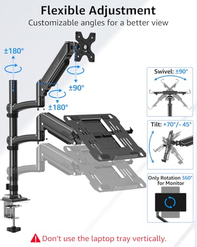 MOUNTUP Laptop and Monitor Desk Mount, Laptop Tray for Max 17" Notebook, Monitors Arm Fits up to 32" Monitor, Laptops Arm Holds 4.4-22lbs, 2-in-1 Tall Laptops Mount with Clamp/Grommet - size: Dual, style: With Pole