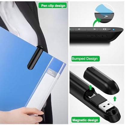 2 in 1 USB Type C Rechargeable Presentation Clicker with Green Pointer, Wireless Presenter for PowerPoint Presentation PPT Clicker, 2.4GHz Presentation Remote Slide Advancer for Computer MacBook - style: Green+Rechargeable+Black
