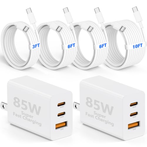 85W USB C Charger for iPhone 17 16 15 Pro Max,3-Port PD 3.0 GaN | Fast Charging Block with 3/6/6/10 Ft USB C Cable for iPhone 17/16/15,MacBook Pro/Air,iPad Pro,Galaxy S26 S25 Ultra,Android - color: White, size: 2Pack 3+6+6+10Feet