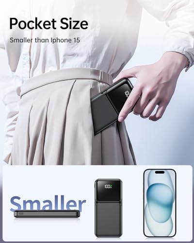 RONEGN Portable Charger with Built in Cable -20000mAh Fast Charging Power Bank USB C Slim 22.5W LED Display Battery Pack 5 Outputs & 3 Inputs for Travel Essentials iPhone Samsung Phones Black - color: Black