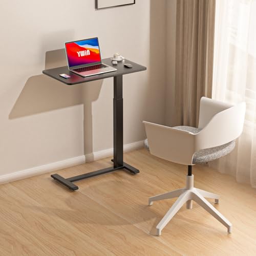 Ywin Hospital Bedside Table with Wheels, Pneumatic Lift, Black | Wood top, 25-40in adjustable, 66lbs, rolling casters, mobile portable overbed table for bedside, home, patient care, medical - color: Black, size: 28*16 in