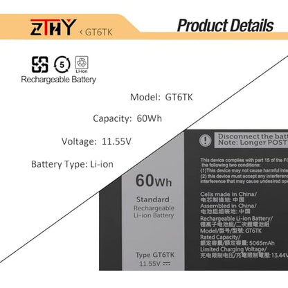 GT6TK Laptop Battery Replacement for Dell Latitude 9440 2-in-1 9450 2-in-1 | K2CPY 0K2CPY MWK05 0MWK05 11.55V 5065mAh 60Wh 3-Cell - size: 10.35*4.17*0.2 inch GT6TK