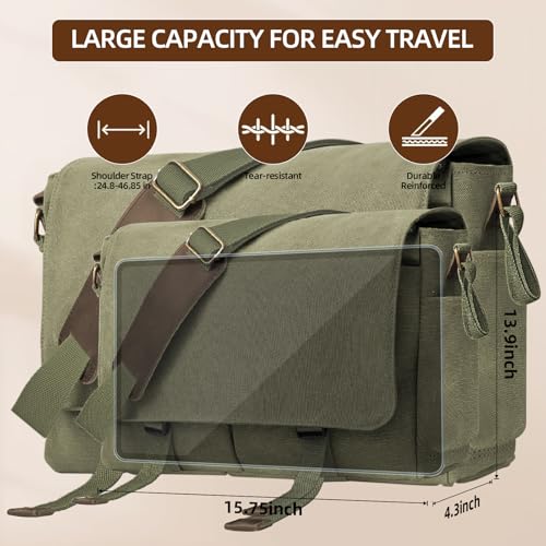 Messenger Bag for men Laptop Bag UnisexRetro Canvas Bag14-15.6 inches Casual single shoulder bag For Work College Travel - color: Army Green