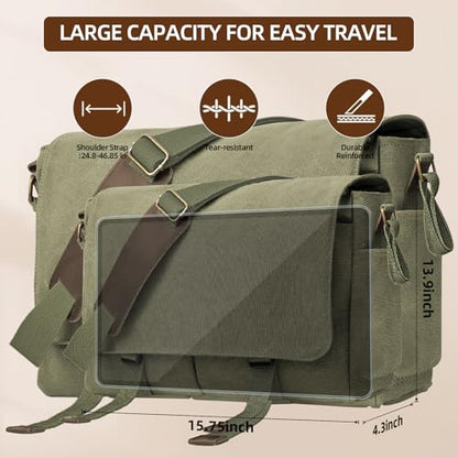Messenger Bag for men Laptop Bag UnisexRetro Canvas Bag14-15.6 inches Casual single shoulder bag For Work College Travel - color: Army Green