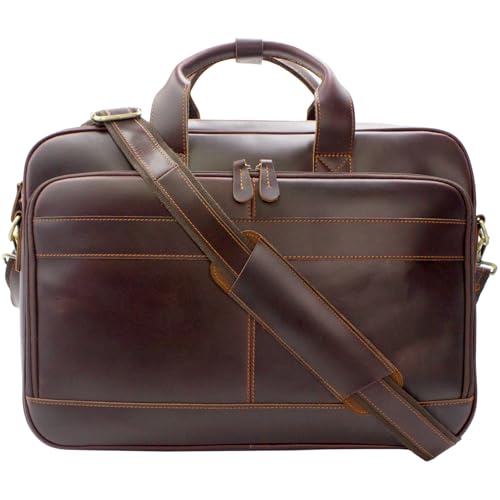 Jack&Chris Full Grain Leather Briefcase for Men, Business Messenger Bag Laptop Bag Attache Case, Fits 15.6 Inch Laptop - color: Mb005-update-red Coffee