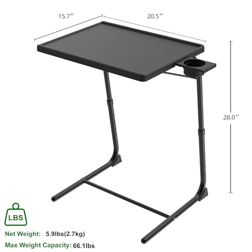 Adjustable TV Tray Table for Breakfast & Dinner - Black Folding Couch Desk with Cup Holder, Portable Eating Tray for Sofa, Bed, Living Room - 6 Height & 3 Angle Adjustments