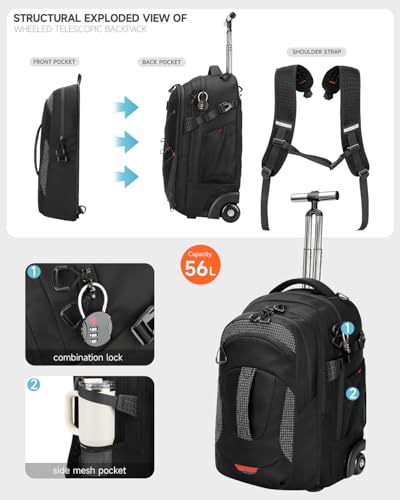 2-in-1 Detachable Backpack with wheels,56L Large rolling backpack-Splits into Daypack & Laptop Backpack Fits 17 Inch Laptop,Water Resistant Luggage suitcase,Air Travel,Weekend Trips - color: Black
