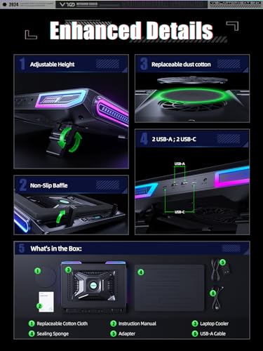 llano V10 Gaming Laptop Cooling Pad, RGB Laptop Cooler Stand with Powerful 4.72 Inch External Turbo Cooling Fan, Fast Cooling Computer 13-17.3in, Button Control, 3 Adjustable Stand, 4-Port USB C&A