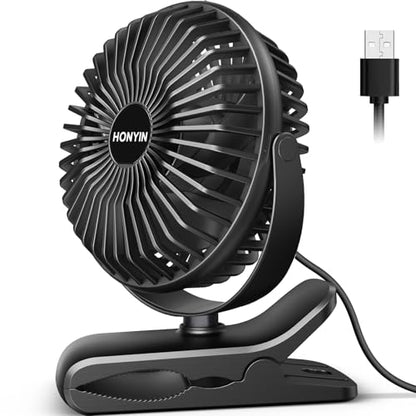 HONYIN 720° Rotation Small Desk, Hang & Clip on Fan by USB Plug In | Sturdy Clamp, 3 Speeds, Quiet Little Personal Cooling Fan for Bedroom Office Desktop Treadmill - color: Black