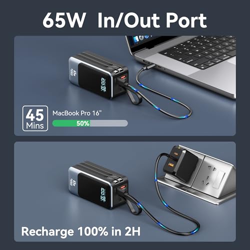65W Power Bank for Laptop, 18400mAh Fast Charging Portable Charger, Battery Pack with Dual Built-in USB-C & Lightning Cables, LCD Display Travel Chargers for MacBook/Dell XPS/iPad/iPhone 15/Samsung - color: Black