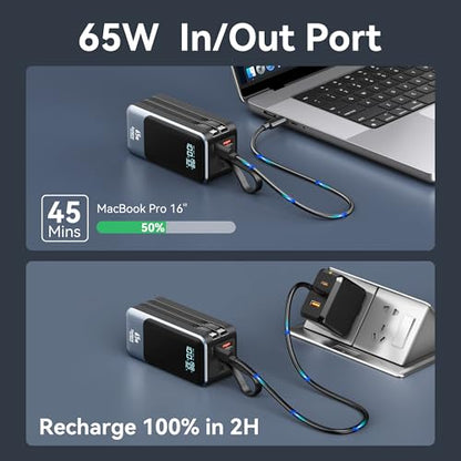 65W Power Bank for Laptop, 18400mAh Fast Charging Portable Charger, Battery Pack with Dual Built-in USB-C & Lightning Cables, LCD Display Travel Chargers for MacBook/Dell XPS/iPad/iPhone 15/Samsung - color: Black