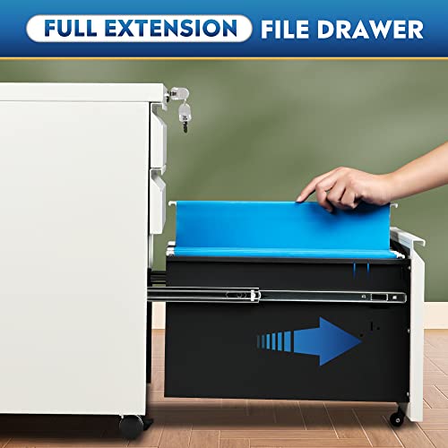 DEVAISE 3 Drawer Mobile File Cabinet with Lock, Under Desk Metal Filing Cabinet for Home Office/Legal/Letter/A4 File, Fully Assembled Except Wheels, White - color: White, size: 17"D x 15"W x 24"H