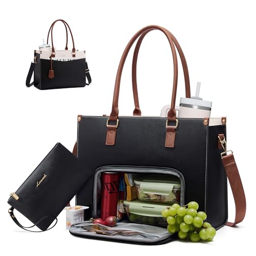 LOVEVOOK Laptop Bag for Women, 2-in-1 Tote Purse with Clutch & Cup Holder, Waterproof Briefcase for Work Travel - color: Classic Black-beige-brown, size: 15.6 inch