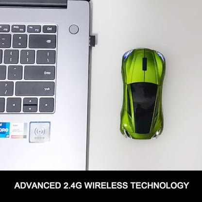 Car Mouse for Computer, Wireless Car Shaped Mice for Laptop, PC, Mini Cute Mouse with 2.4Ghz USB Receiver, 3D, 1600DPI, Silent Clicks, LED Headlights (Green) - color: Y-Green