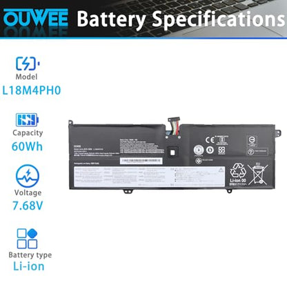 L18M4PH0 Laptop Battery Compatible with Lenovo Ideapad Yoga C940-14IIL Series Notebook 5B10T11585 5B10W67374 L18C4PH0 5B10T11586 5B10W67180 7.68V 60Wh 7820mAh 4-Cell - size: 10.31*3.46*0.29 inch L18M4PH0
