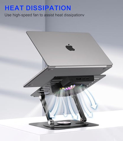 Laptop Stand,with 360°Rotating Base,External Cooling Fan,Adjustable RGB Lighting,Ergonomic Foldable Notebook Computer Holder.Compatible with All 10-17" Laptops Tablets,Black - color: Black