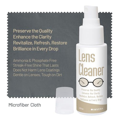 invera Eyeglass Cleaner Spray with Microfiber Cloth Kit, Lens Cleaner for Eyeglasses, Sunglasses, Camera Lenses & Electronic Screens, Gentle, Odor-Free, Compact 1.7 fl oz Lens Cleaner Spray