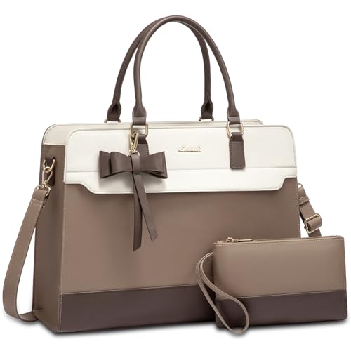 LOVEVOOK Laptop Tote Bag for Women,Leather Work Bag, Waterproof Business Teacher Bag,Large Computer Handbag Purse Briefcase,Office Gifts for Women - color: Off-white Khaki, size: 15.6 Inch