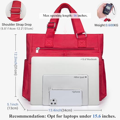 VOLGANIK ROCK Canvas Tote Bag Waterproof Nylon Multi Pocket Shoulder Bags Laptop Work Bag Teacher Purse Handbag for Women Men - color: Red