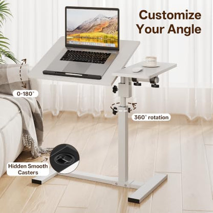 Overbed Table with Wheels Rolling, Adjustable Mobile Bedside Desk, Flip-Top, Laptop Table, C Shaped End Side Table for Couch, Sofa, Bed, Recliner and Home Use, Large White - color: Large White