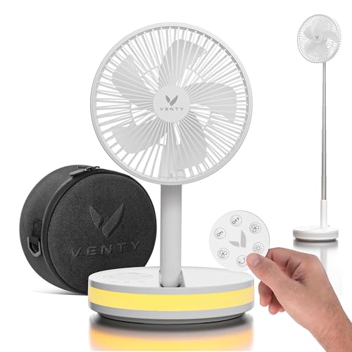 VENTY Portable Fan - Wireless Battery Operated Fan - 4 Speeds - LED Lighting - Carry Case & Remote Control - Cruise Travel - Outdoor Travel RV Power Bank With USB-C Port (White with Case) - color: White