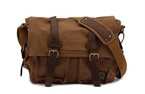 Sechunk Vintage Military Leather Canvas Laptop Bag Messenger Bags Medium - color: Coffee, size: Large--17‘’