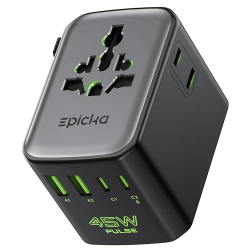 Epicka Pulse Duo 45W Universal Travel Adapter PD/QC 3.0, 2AC/2USB-C/2USB-A | International Power Adapter for EU/US/UK/AU, Fast-Charging for Multi-Device Use, Black - style: Pulse Duo 45W Black