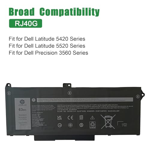 RJ40G CPX-M033W 63Wh Laptop Battery Replacement for Dell Latitude 5420 5520 Precision 3560 Series Notebook 01K2CF 075X16 WY9DX 0WK3F1 0M3KCN M033W Black 15.2V 3941mAh - size: 12.4*5.5*1.1inch RJ40G