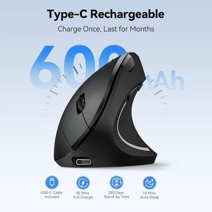 TECKNET Ergonomic Mouse Rechargeable Bluetooth - 4800 DPI Vertical Mice 6 Adjustable Levels, Wireless Optical Carpal Tunnel Mouse Right Hand, Multi Device for Laptop, PC, Computer, MacBook - Black - color: Black